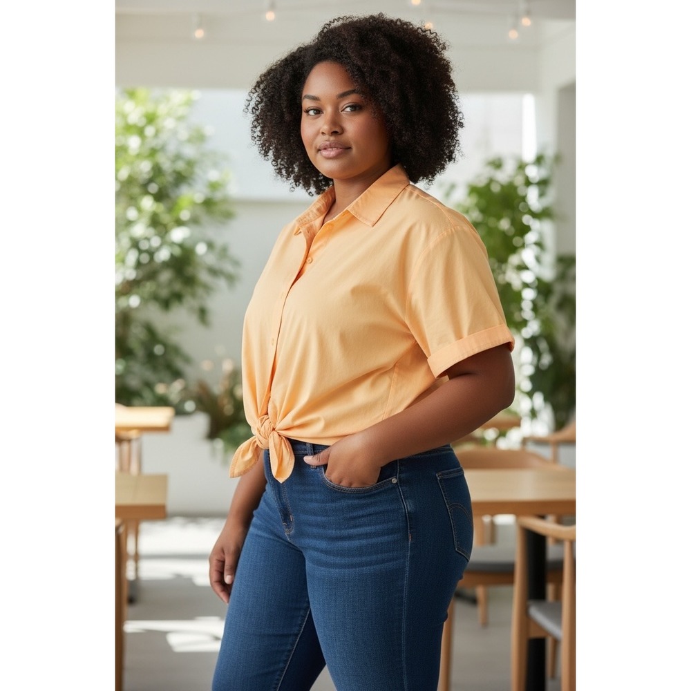 Forever 21‎ Plus Size Peach Orange Short Sleeve Button Up Tie Front Shirt Top 3X